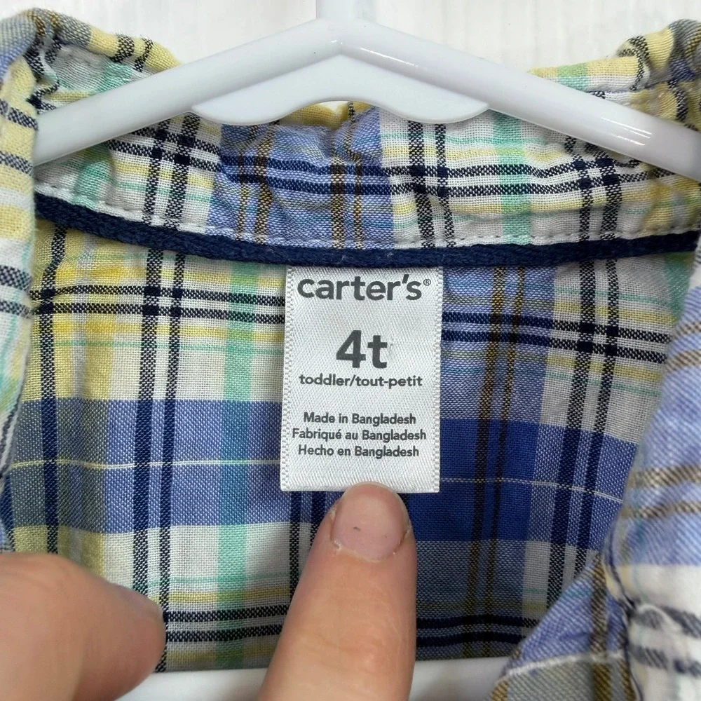 Carter's boy's yellow blue plaid‎ collared button down formal dress shirt cotton